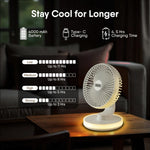 Alpha Desktop Fan with Light, 6 Inches, 4 Speeds, Oscillating Table Fan, Brushless Motor, Wide Angle Adjustment, USB Rechargeable,  Ultra Quiet, Personal Mini Fan for Home Office Bedroom, White