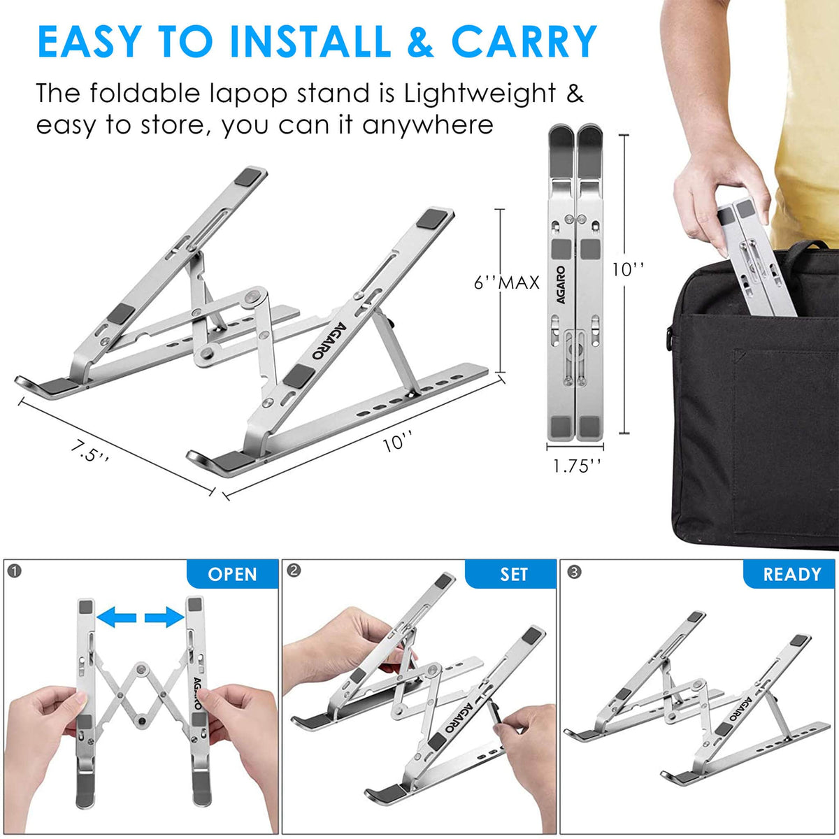 AGARO LS1821 Foldable Laptop Stand, 7 Adjustable Levels, Non Slip Silicone Pads, Aluminium Built, Laptop, Tablet, Books (Silver)