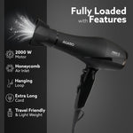 2000W AC Professional Hair Dryer with Comb, Concentrator & Diffuser Nozzles, Hot & Cold Air, 2 Speed & 3 Temperature Settings with Cool Shot, 16A Socket, Hair Dryer & Blower for Men, Black