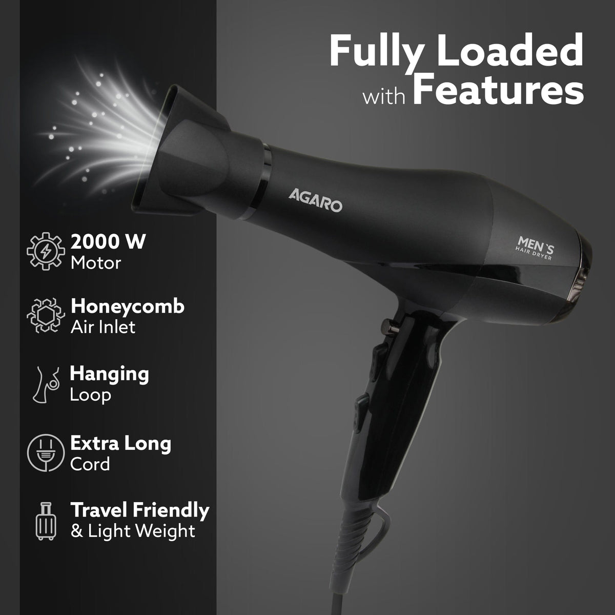 2000W AC Professional Hair Dryer with Comb, Concentrator & Diffuser Nozzles, Hot & Cold Air, 2 Speed & 3 Temperature Settings with Cool Shot, 16A Socket, Hair Dryer & Blower for Men, Black