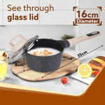 Imperial Granite Non Stick Sauce pan with Glass Lid, 1.5L / 16cm, Cast Aluminium Body, Tea Pan, Milk Pan, Soup Pan, Gas & Induction Compatible, Dark Grey