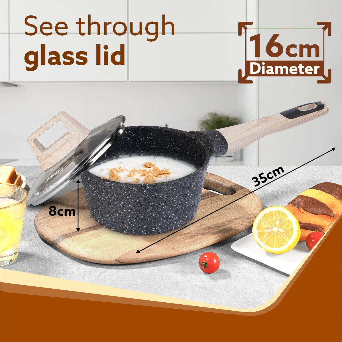 Imperial Granite Non Stick Sauce pan with Glass Lid, 1.5L / 16cm, Cast Aluminium Body, Tea Pan, Milk Pan, Soup Pan, Gas & Induction Compatible, Dark Grey