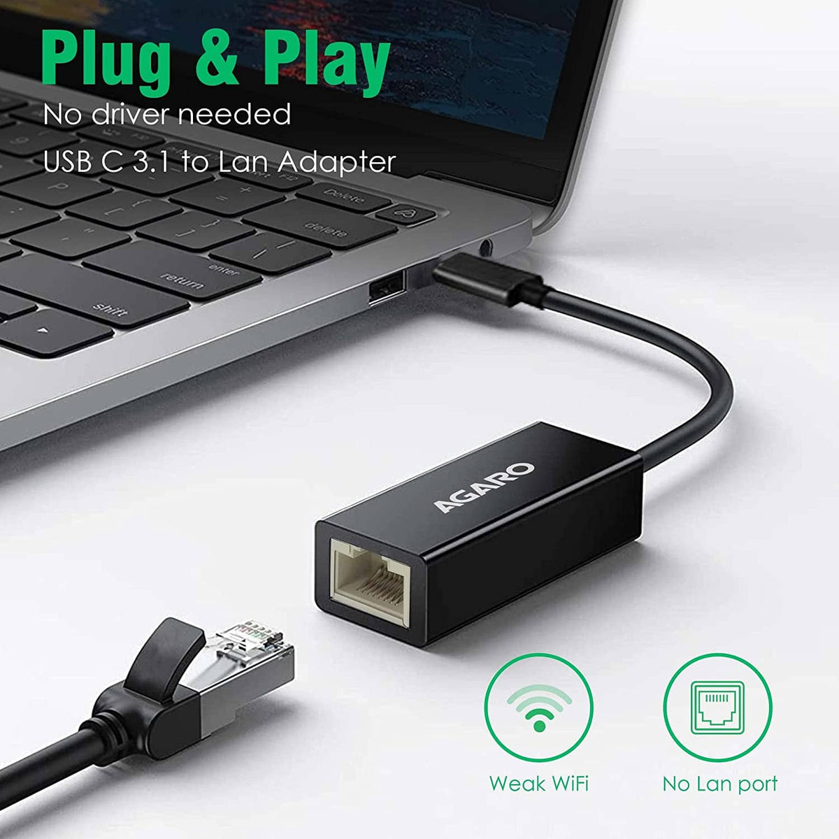 Type C to Ethernet Adapter RJ45 to Thunderbolt 3 Type C Gigabit Network LAN 1000Mbps Converter Compatible with All Type C Devices, Black