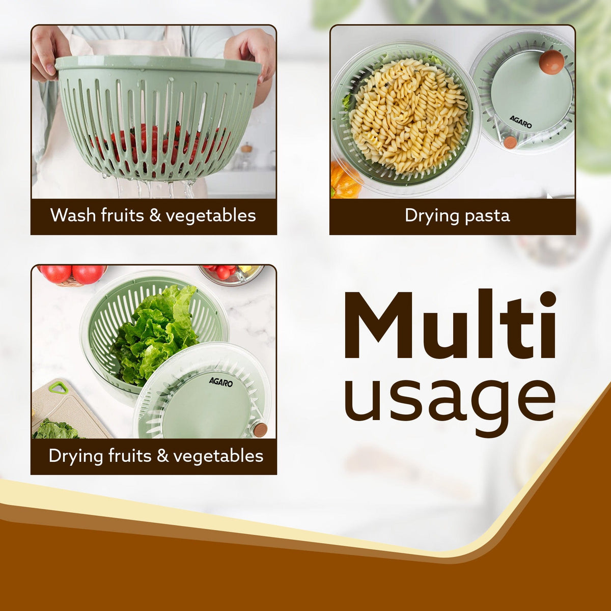 Elite Salad Spinner, 5L, Vegetable Cleaner, Removes Excess Water and Pesticides, Cleans Vegetables Thoroughly, Use for Mixing Salad with Dressing, BPA Free Food-Grade Plastic, Green