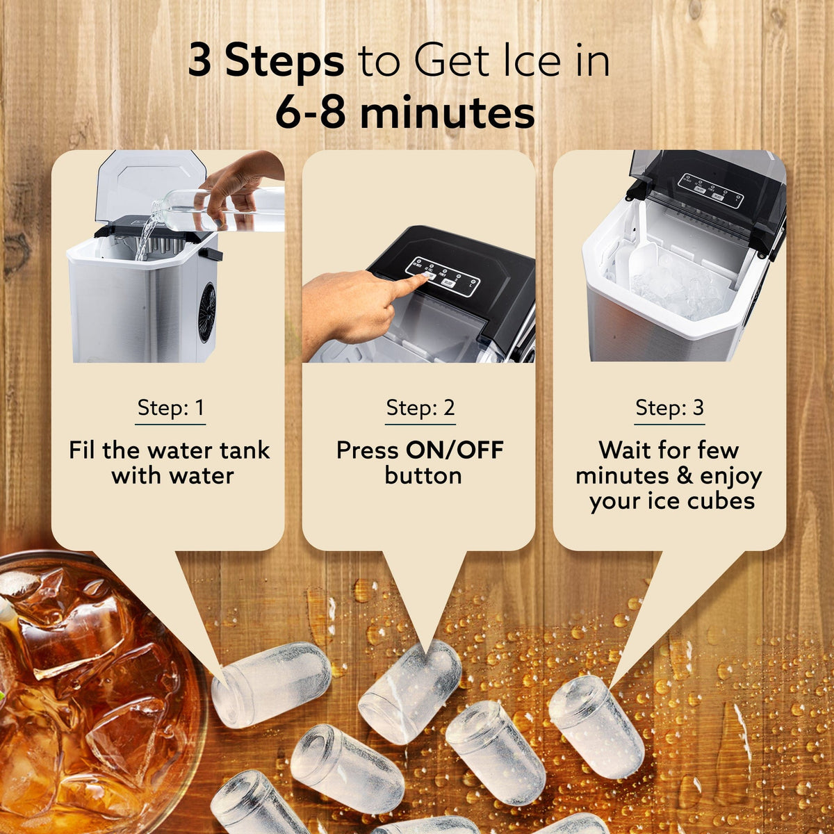 Regal Ice Maker, Compact Ice Maker, 1.2L water Tank, 9 Pcs bullet Ice Cube at a time, Stainless Steel Body