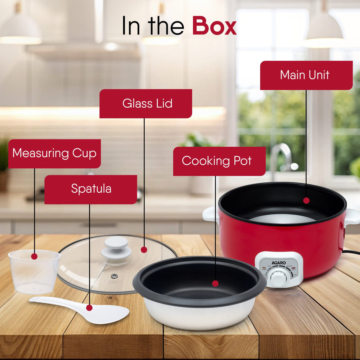 Regal Electric Multi Cooking Pot, 3L, 1200W, Automatic Boiler, Steamer, Fryer, Aluminium Pot, Glass Lid, Adjustable Temperature Control, Keep Warm, Rice, Veggies, Red