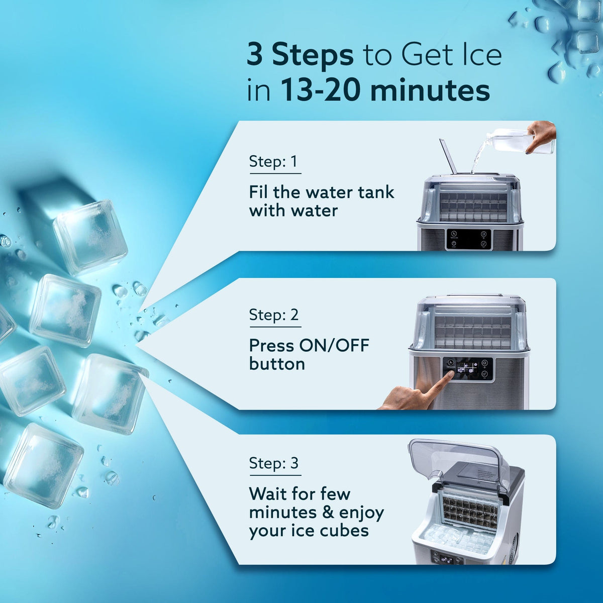 Galaxy Ice Maker, Compact Ice Maker, 3.2L water Tank, Cube ice, Stainless Steel Body