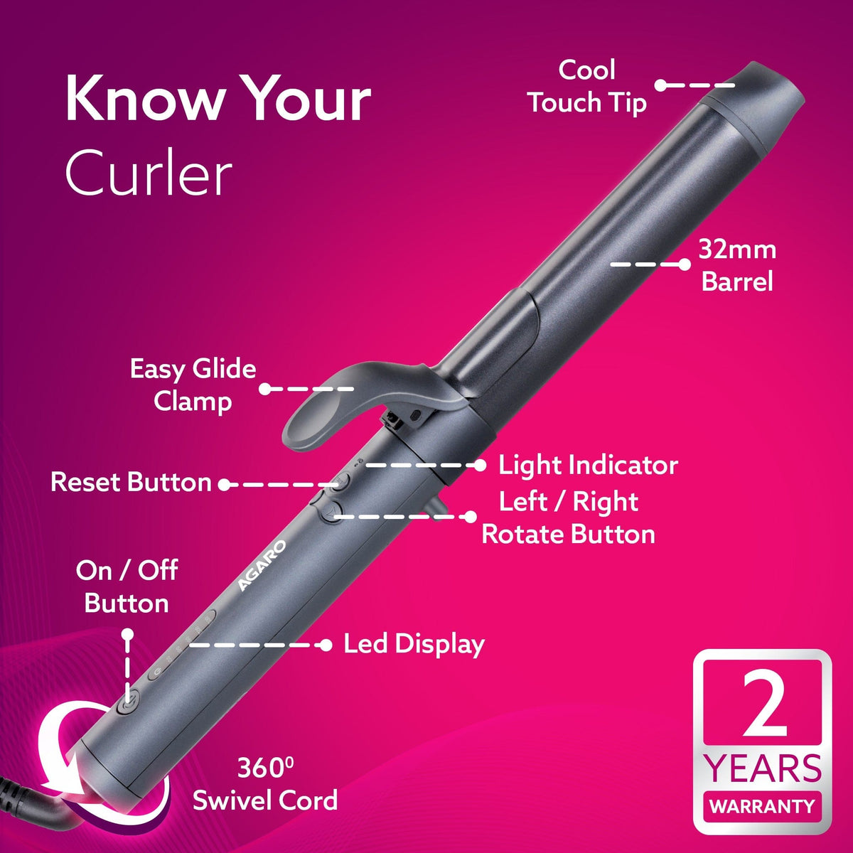 Prima Rotating Hair Curler, 32 mm Ceramic coated barrel, Automatic Curling,  Fast Heating, Ceramic Coated Titanium Barrel for Long/Medium Hair, Professional Self Curling Hair Styler, For Women, Black
