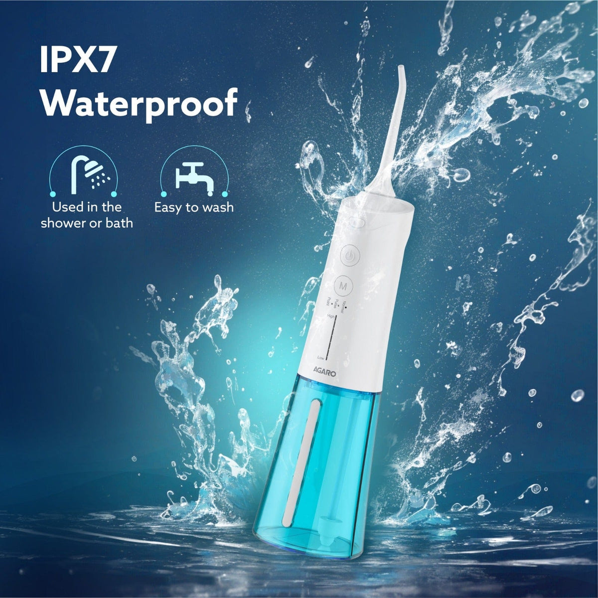 Galaxy Oral Irrigator, Portable, Cordless, Rechargeable, 3 Cleaning Modes, 6 Pressure Levels in Each Mode, IPX7 Waterproof, 230ml Water tank, Flossing at Home & Travel, White & Blue