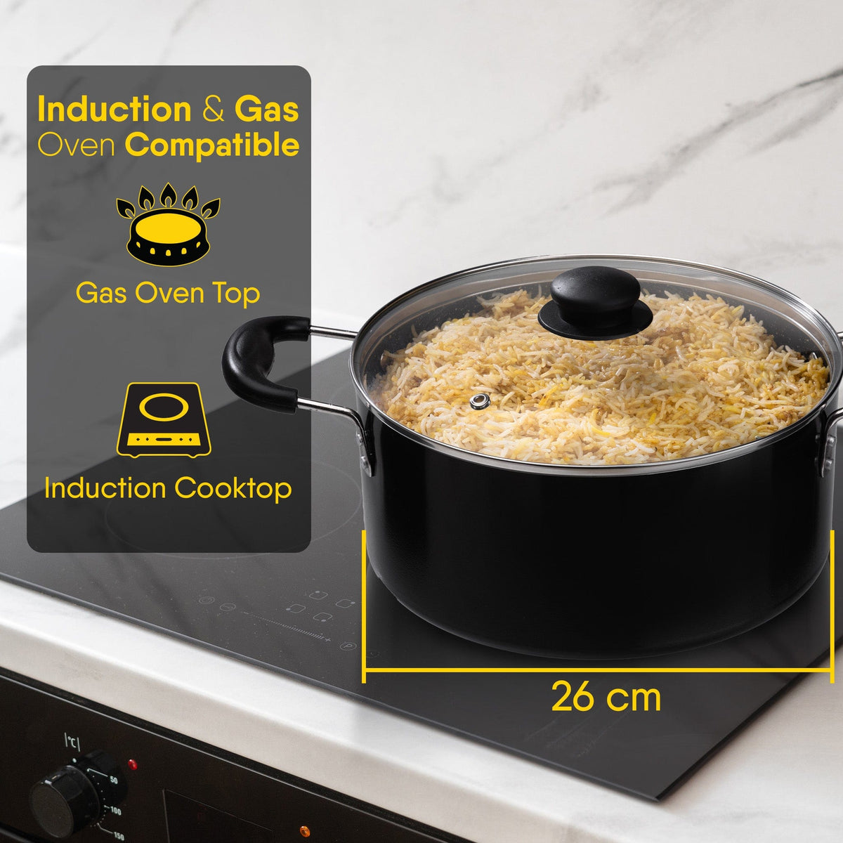Elegant Non Stick  Biryani Pot with Glass Lid,  26 cm Diameter, 5.5L Capacity, Non Stick Coated Aluminium Pot, Side Handle, Gas & Induction Oven Compatible, Biriyani, Pulao