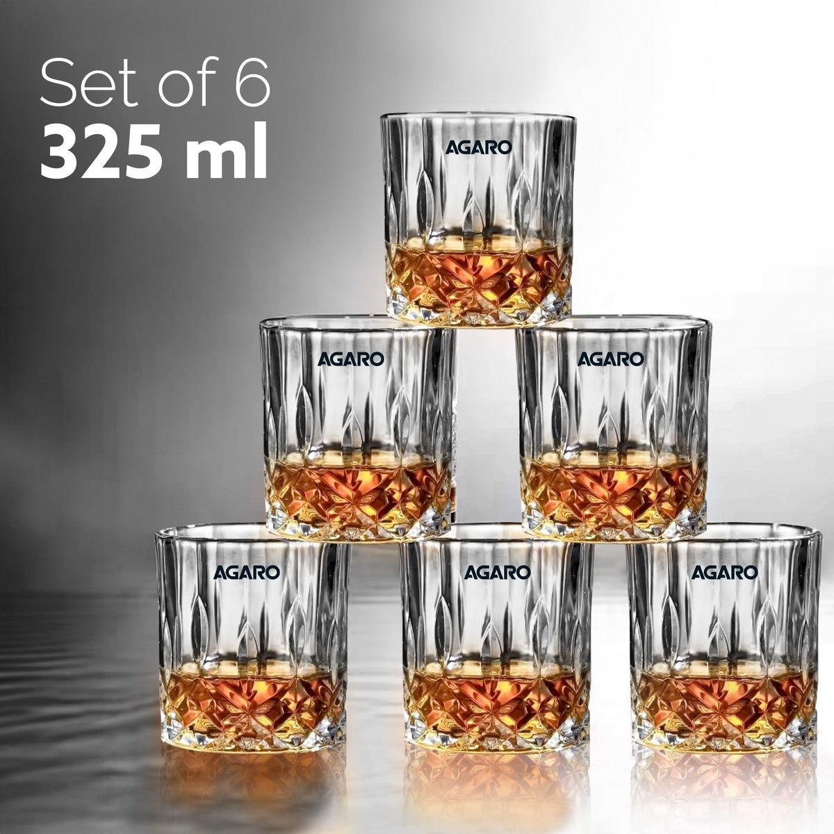 Elegant Whiskey Glass, Set of 6, 325ML, Diamond Cut Design, Crystal Clear, Perfect for Scotch, Whisky, Bourbon, Liquor, Wine, Cocktail Drinks