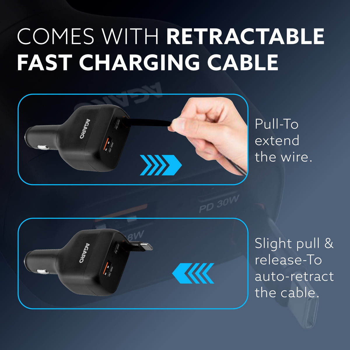 Turbo 84W 3 in1 Car Charger with 86 cm Retractable Cable (30W Type-C PD) & Dual Port (18W USB-A & 30W Type-C) for Android, iPhone, iPad, Earbuds, Tablet, Power Bank & USB-powered devices (Black)