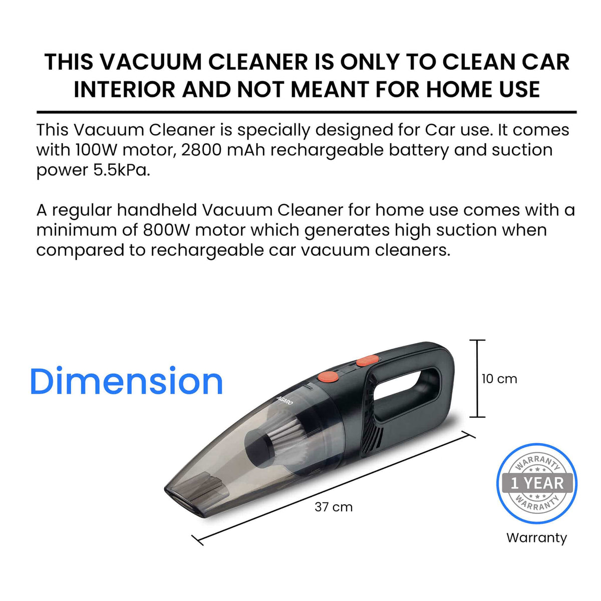 HVC1081 Cordless Rechargeable Car Vacuum Cleaner, Portable, Handheld,110W, 5.5KPA Power Socket, Stainless Steel Filter, Black