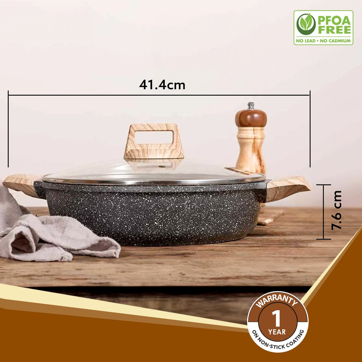 Imperial Granite Non Stick Kadhai with Glass Lid, 3.8L / 28cm,Kadai , Deep Frying Pan, Biryani Pot, Cast Aluminium Body, Gas & Induction Compatible, Dark Grey
