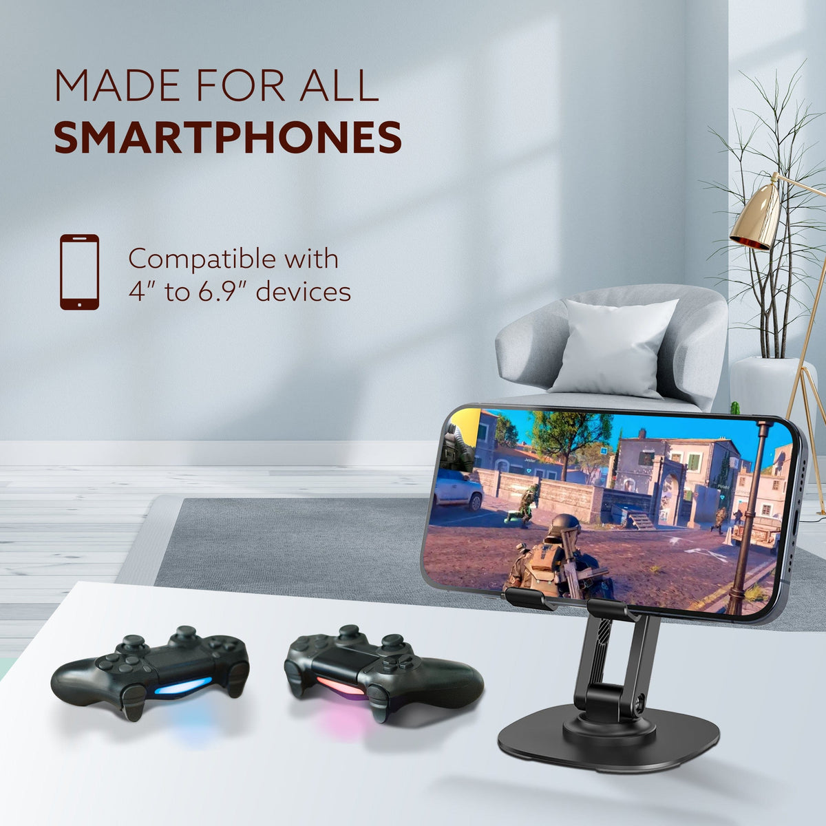 360° Revolving Mobile Stand, Foldable & Sturdy Metal Stand with 360° Rotation, Multiple Height & Angle Adjustments & Anti-Slip pads for Desk, Compatible with Smartphones, Tablets, Kindles & iPad