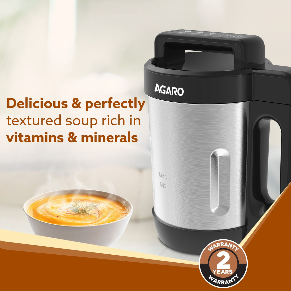 Elite Soup Maker, 1 Litre, Automatic Blending & Heating, 6 Preset Cooking Functions, Copper Motor, 900W, Stainless Steel Blades, Grey