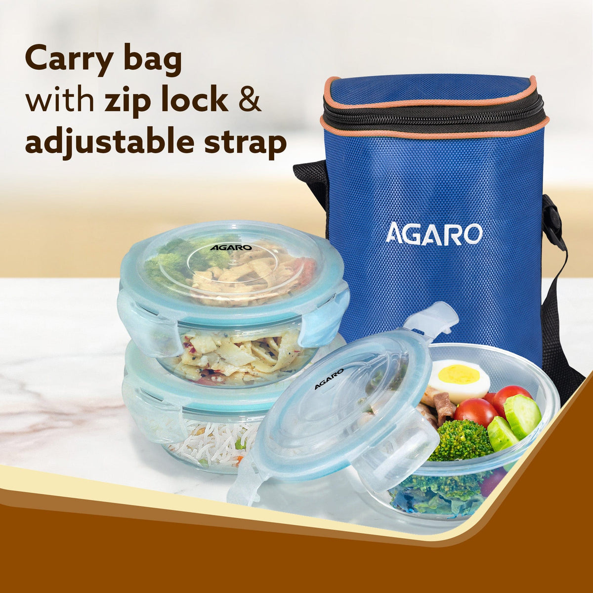 Elite Lunch Box, Set  of 3 With Lunch Bag, Round Shaped, Borosilicate Glass, Leakproof & Airtight Locking Lids, Microwave & Freezer Safe,  Office Lunch Box Set, Transparent, Set of 3 ƒ?? 400ml+400ml +400ml