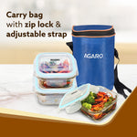 Elite Lunch Box, Set  of 3 With Lunch Bag, Square Shaped, Borosilicate Glass, Leakproof & Airtight Locking Lids, Microwave & Freezer Safe,  Office Lunch Box Set, Transparent, Set of 3 ƒ?? 320ml+320ml +320ml