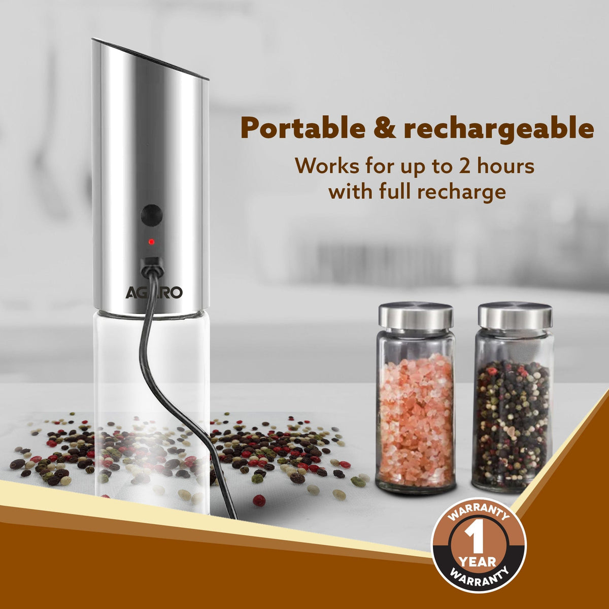Gravity Salt & Pepper Automatic Grinder, Refillable, Adjustable Coarseness, Gravity Electric Salt Pepper Mill & Shaker, Rechargeable, Stainless Steel