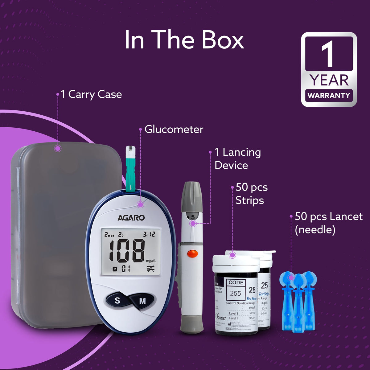 Glucometer, Blood Glucose Monitoring System with 50pcs Strips & Lancets, Glucometer Machine, Instant Blood Sugar Test at Home, Fast Blood Sugar Testing Device, Simple & Accurate, GLM-76
