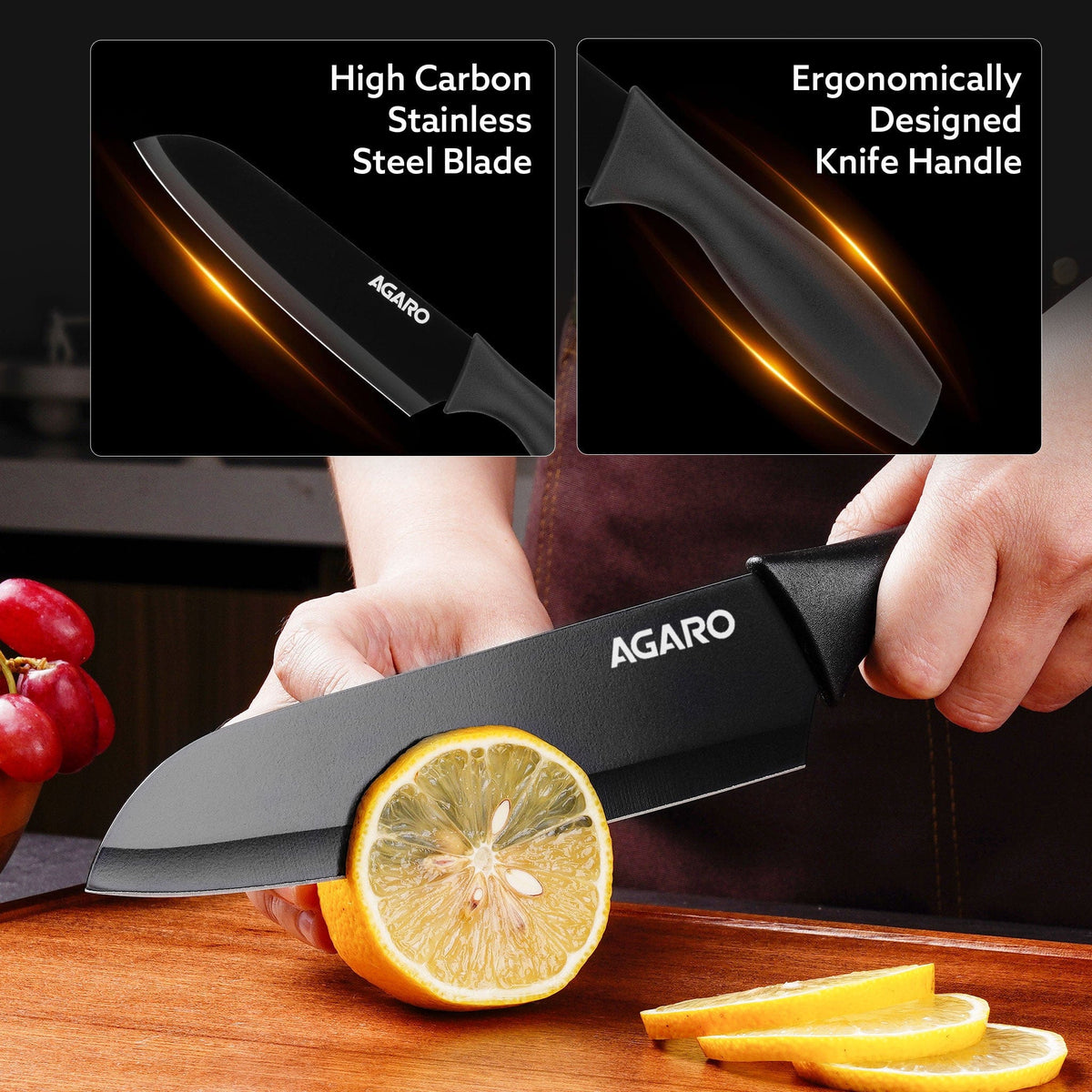 Royal 3in1 Kitchen Knife Set, Stainless Steel 3 Piece Set, Sharp Blades with Ergonomic Handle for Home Kitchen and Restaurant, Black