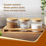 Elite Borosilicate Glass Jar 210 ml With Wooden Rack, Storage Glass Container, Transparent, Kitchen Organiser, Multipurpose Jar, Pack of 3