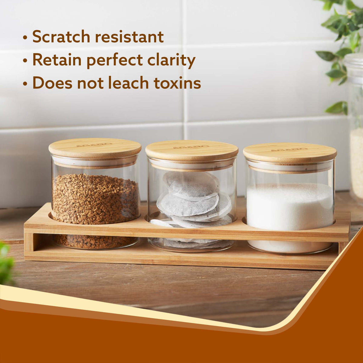 Elite Borosilicate Glass Jar 210 ml With Wooden Rack, Storage Glass Container, Transparent, Kitchen Organiser, Multipurpose Jar, Pack of 3