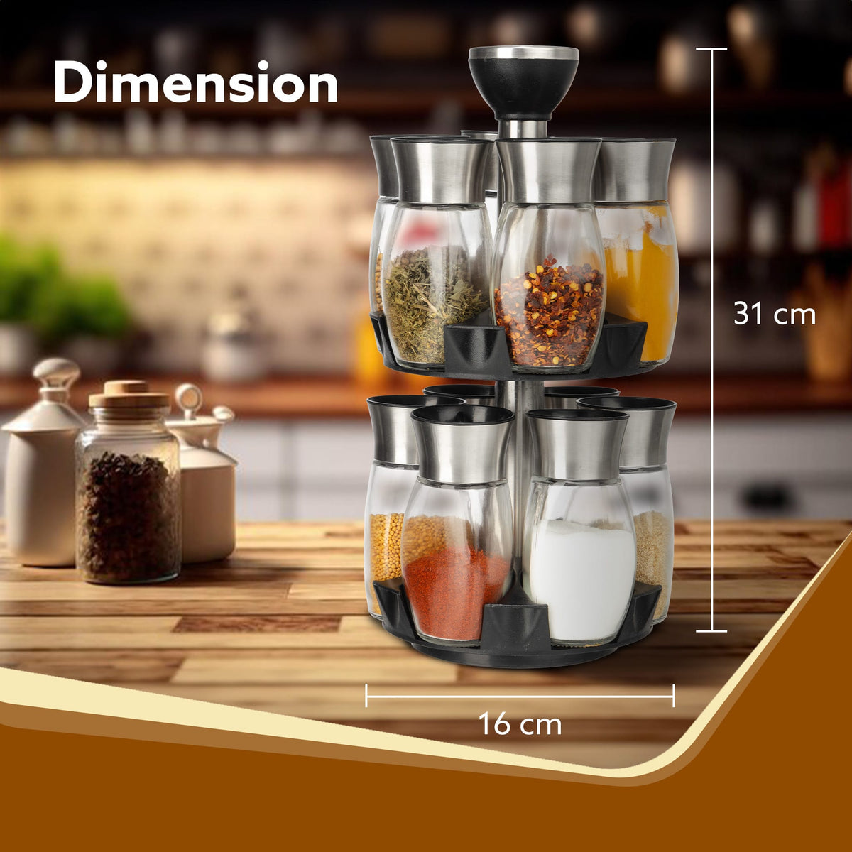 Elegant Glass Spice Jar with Holder, Set of 12, Spinning Spice Storage Rack, Rotating Spice Holder, Spice Containers, Spice Seasoning Organizer, Masala box for Kitchen, Kitchen Storage Rack