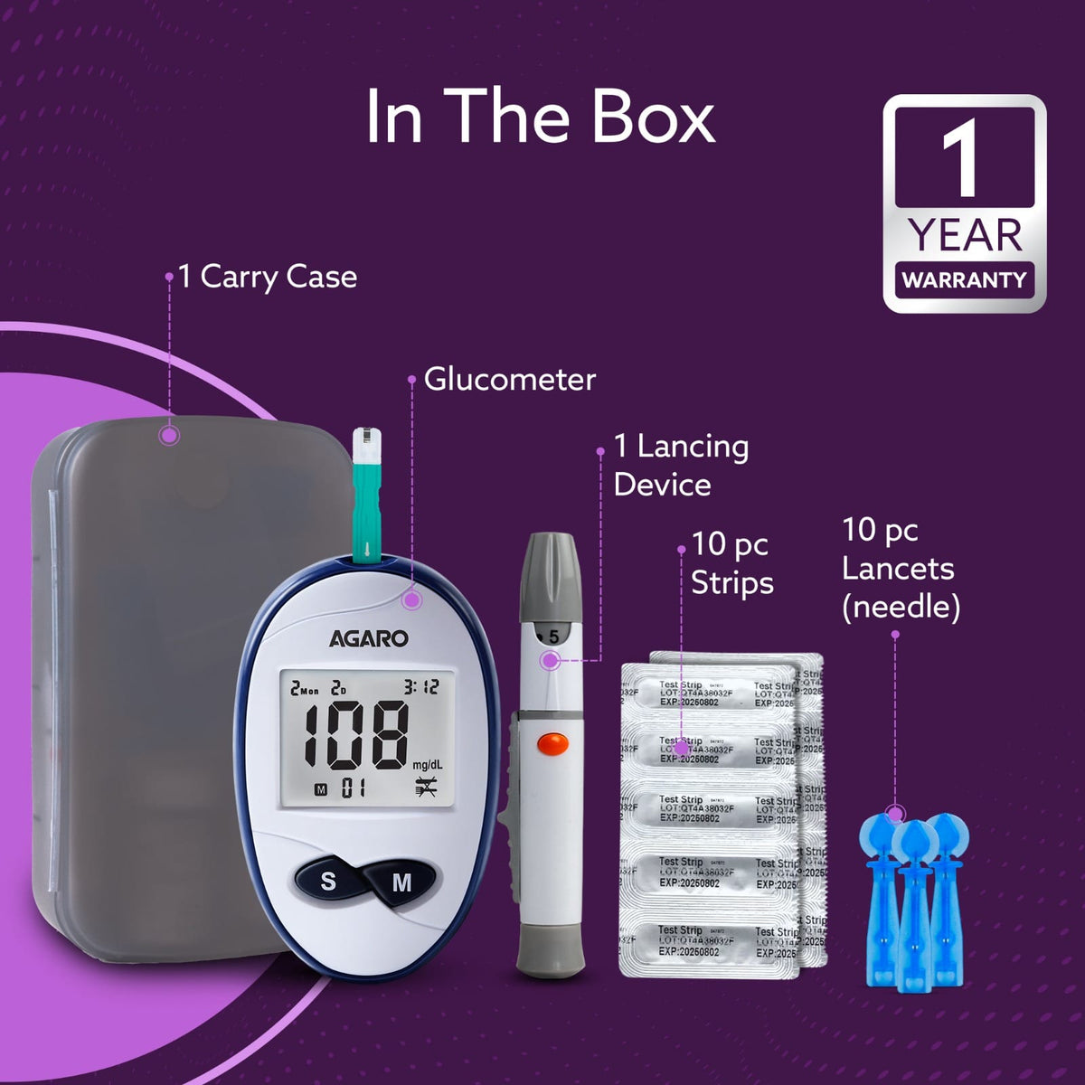 AGARO Glucometer, Blood Glucose Monitoring System with 10pcs Strips & Lancets, Glucometer Machine, Instant Blood Sugar Test at Home, Fast Blood Sugar Testing Device, Simple & Accurate, GLM-76