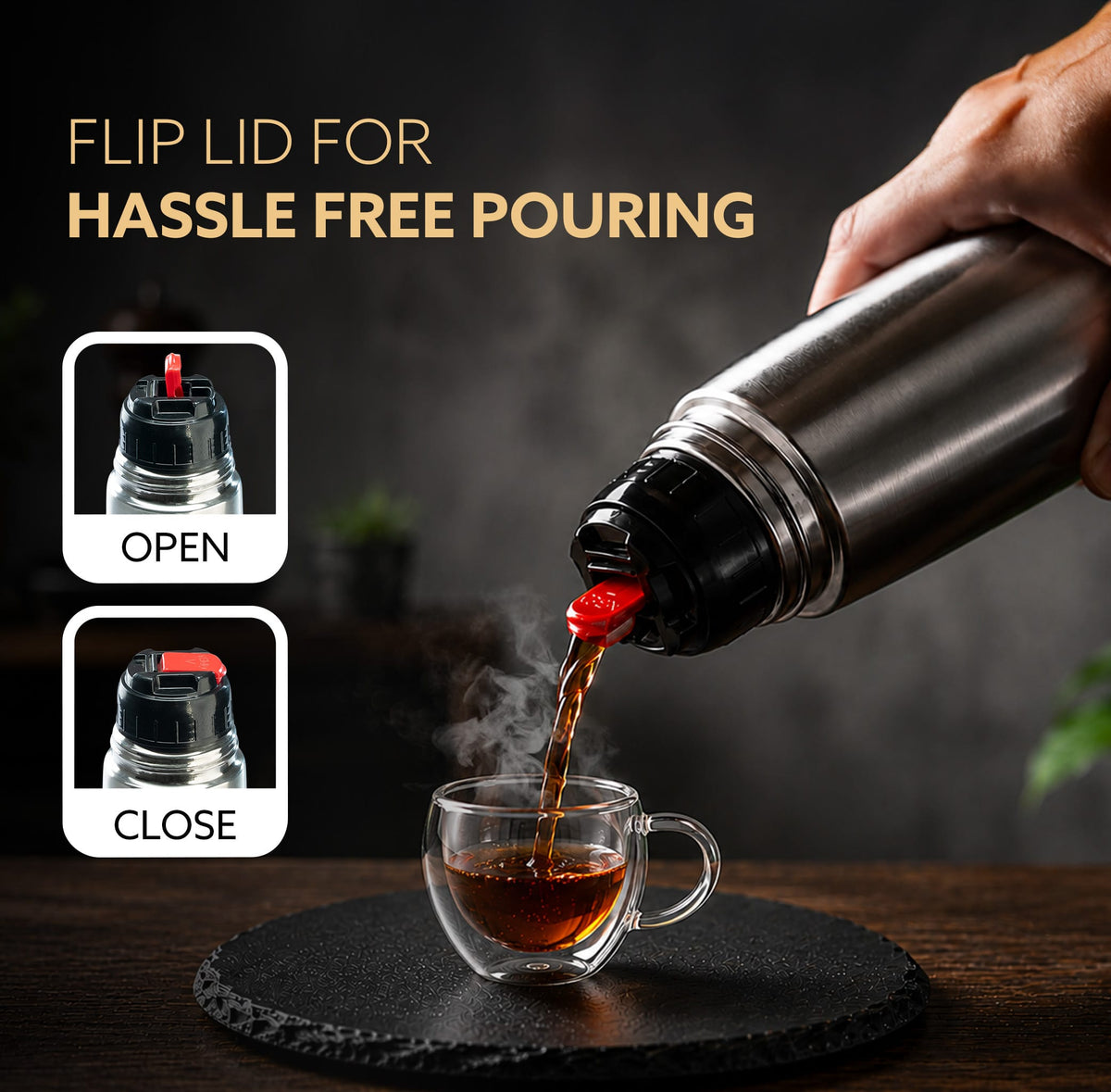 Delite Stainless Steel Flask with Bag, 1000ml, Up to 24 Hrs Hot & Cold, ISI Certified, Triple Vacuum Insulated, Leak Proof, Flip Lid Closure, BPA & Rust Free, for Travel, Office & Outdoor Use