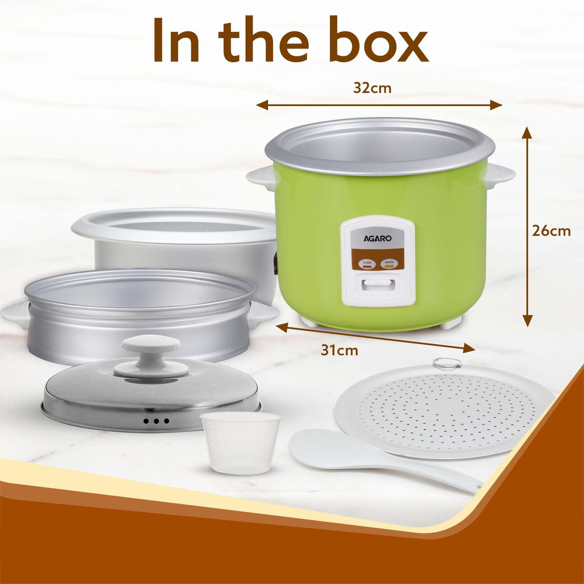 Marvel Electric Rice Cooker, 1.8L, 700W, Automatic Boiler, Steamer, Removable Aluminium Pot, Stainless Steel Lid, Keep Warm Function, Trivet Plate, Rice, Veggies, Green