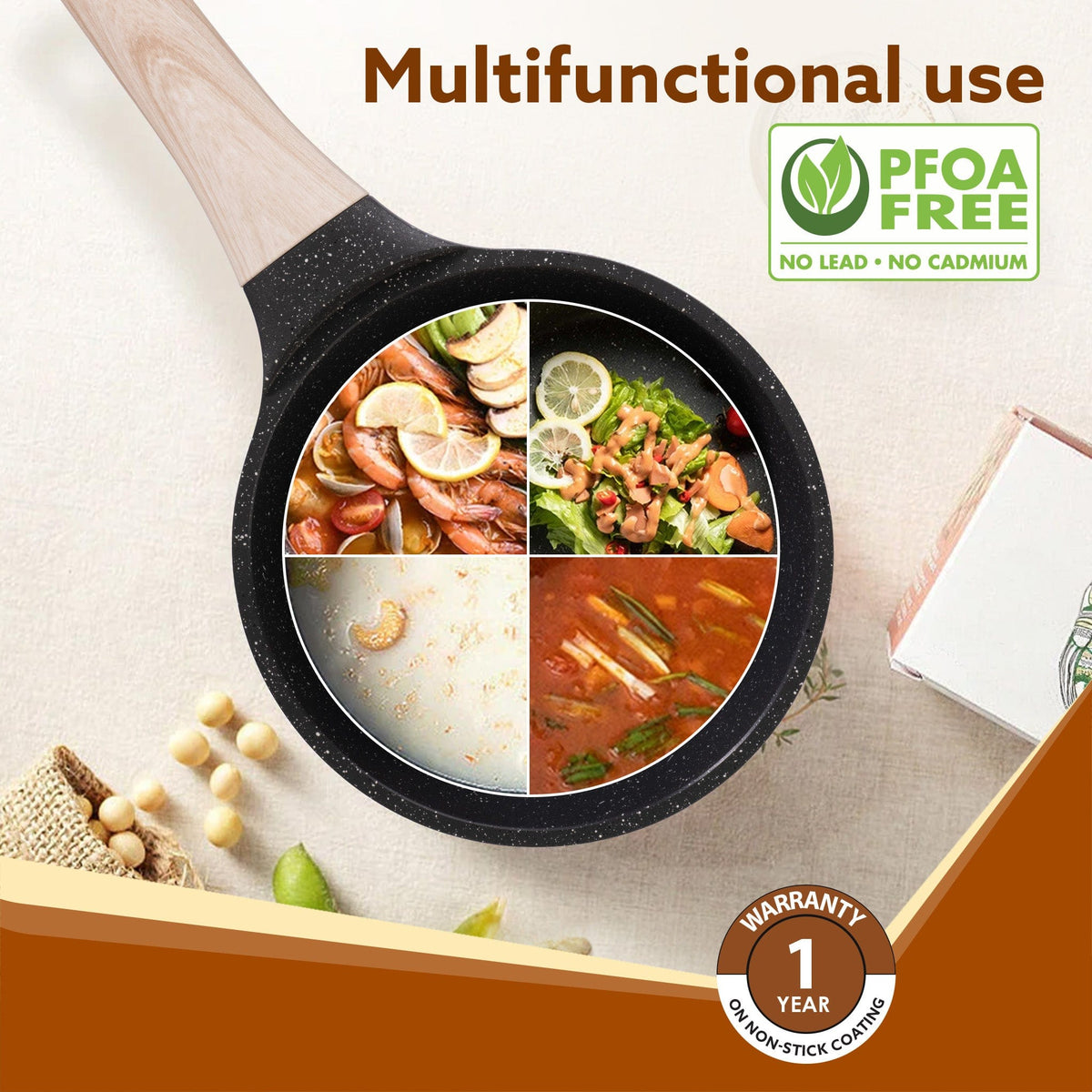 Imperial Granite Non Stick Sauce pan with Glass Lid, 1.5L / 16cm, Cast Aluminium Body, Tea Pan, Milk Pan, Soup Pan, Gas & Induction Compatible, Dark Grey