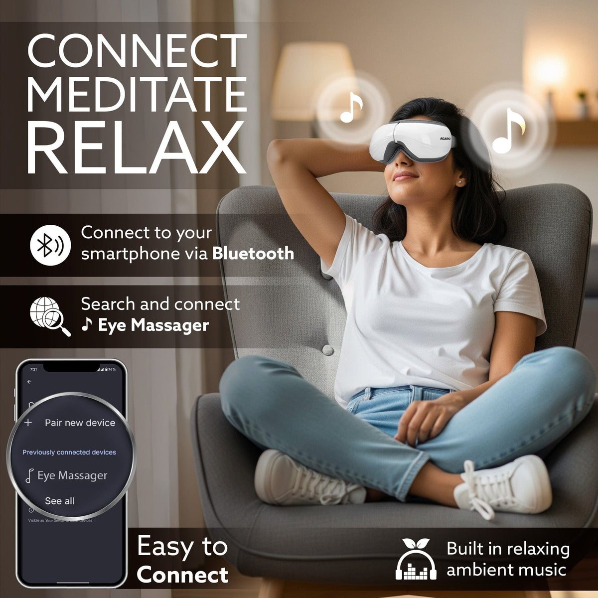Supreme Eye Massager with Lukewarm Heat, Relax, Reduce Eye Strain, Relief from Stress, Headache & Migraine Pain, Air Compression Massage, 180° Foldable, 5 Modes, Bluetooth Music, Improves Sleep