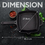 Royal Pre Seasoned Cast Iron Grill Pan, 24cm Diameter, 1.9L, No Chemical Coating, Rigid Handles, Fast Heating, Heavy Weight, Gas Oven & Induction Compatible, Frying, Cooking