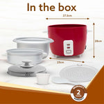 Elegant Electric Rice Cooker, 1L, 400W, Automatic Boiler, Steamer, Removable Aluminium Pot, Stainless Steel Lid, Keep Warm Function, Trivet Plate, Rice, Veggies, Red