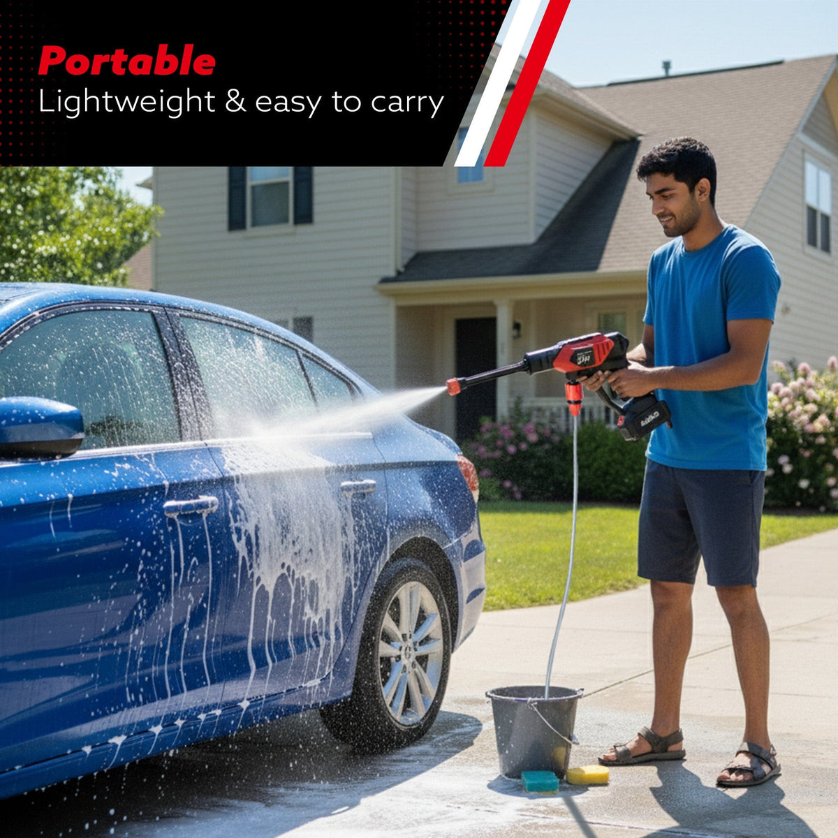 Marvel Cordless High Pressure Washer Gun | 24V Rechargeable Battery (2 x 1500mAh) | 110–240V | 10 Bar | 6-in-1 Adjustable Nozzle | 5M Hose Pipe | Car & Bike Wash | Premium Build with Cloth