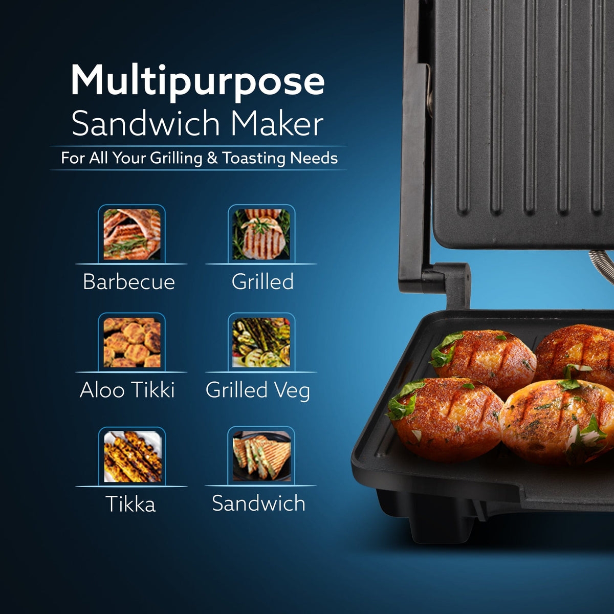 Royal Grill Sandwich Maker, Non Stick Coated Grill Plates, Stainless Steel Body, Oil Collector Tray, 1000W, 90 Degrees Floating Hinges, Panini/Grill/Toast (Black)