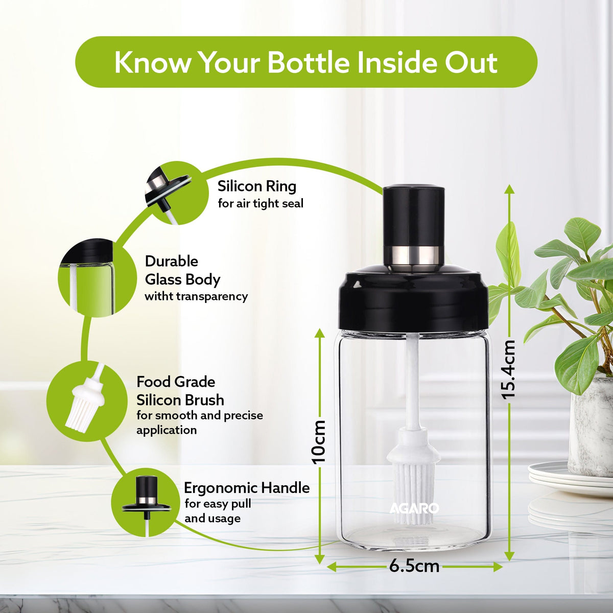 Elegant Glass Oil Bottle with Brush 250ml, Oil Container Bottle for Kitchen, Glass Bottle with Brush for Cooking, Baking, BBQ, Marinating