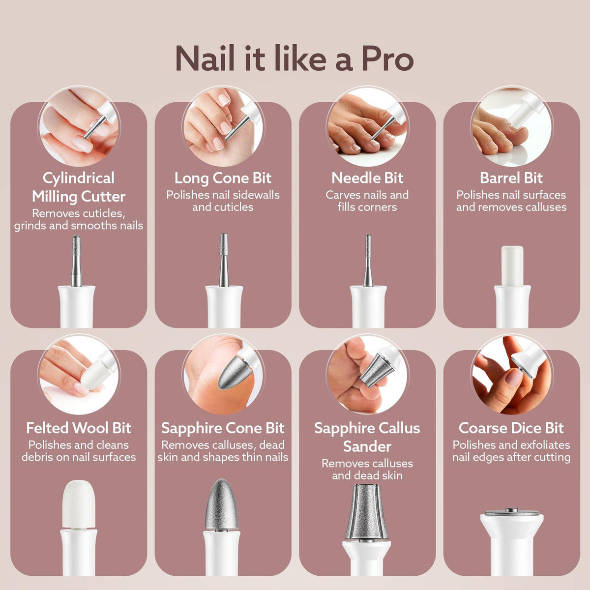 Prima Nail Drill & Polisher, Professional Nail Care at Home, Electric Nail Polisher, Manicure & Pedicure, Shape, Trim & Polish, 5 Speed, 8 Attachments, Rechargeable with Type C, Women, Men
