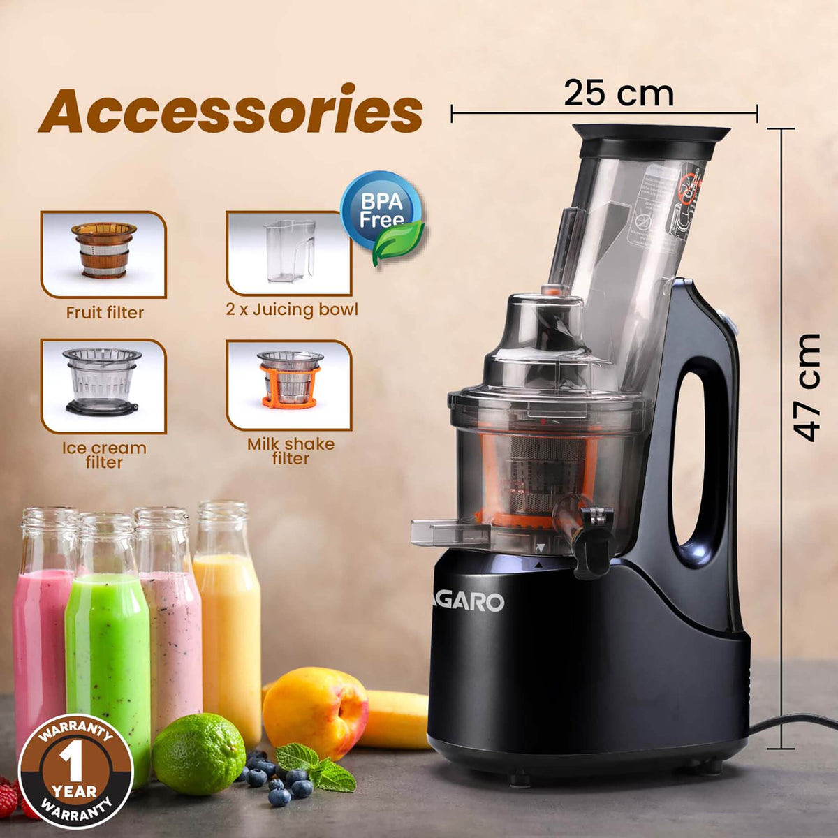 Royal Slow Juicer - Black | Best Cold press Slow juicer with 2 Jars, 3 Strainers