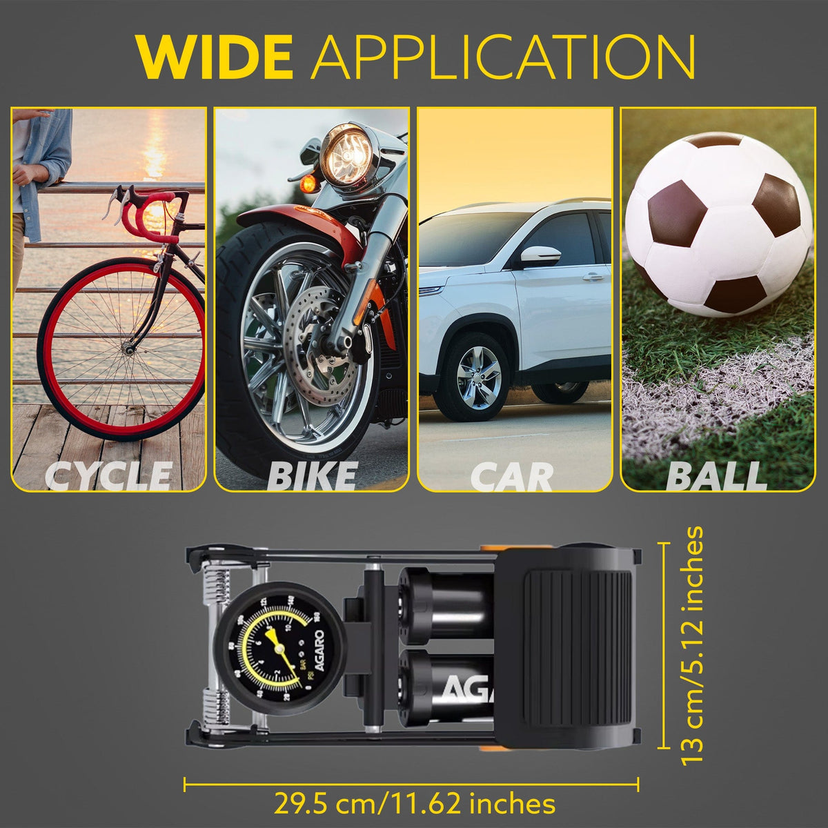 Foot Tyre Inflator, Double Cylinder Rapid Inflation, 160 PSI, High-Pressure Foot Air Pump with Integrated Gauge for Car, Bike & Cycle, Hands-Free Pedal Operation, Durable Steel Base, FP1919