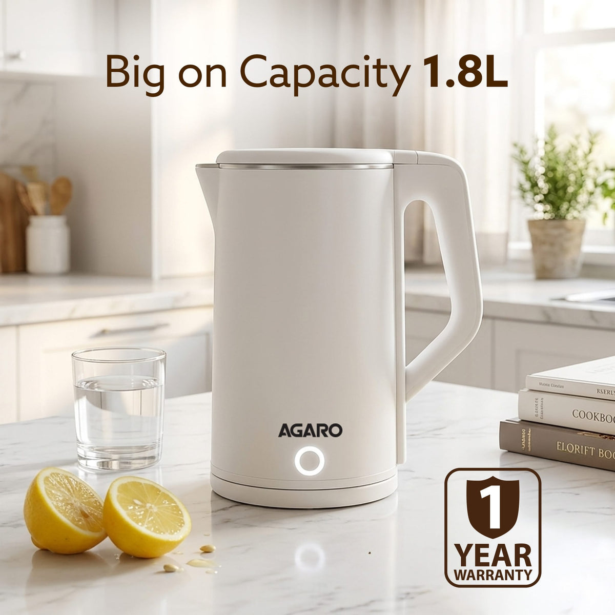 Elegant Electric Kettle, 1.8L, Double Layered Kettle, White