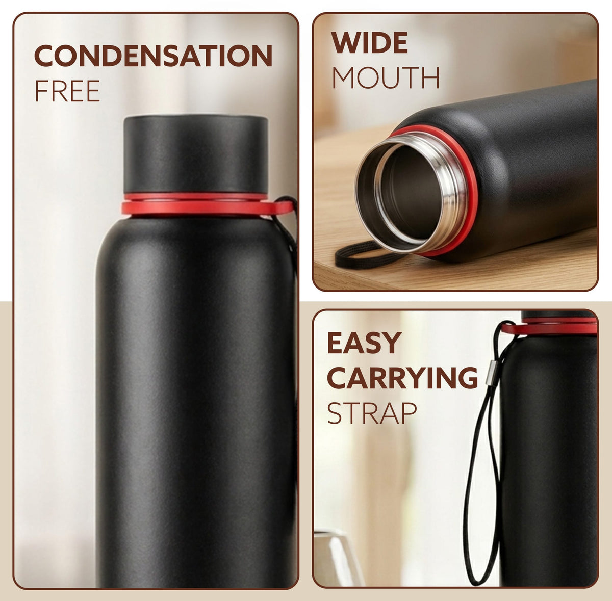 Elegant 700ml Stainless Steel Water Bottle, Up to 24 Hrs. Hot & Cold, ISI Certified, Triple Vacuum Insulated, Leak-Proof, Rust-Proof, BPA-Free, for Office, Travel, Gym, 1Y Warranty, Gun Black