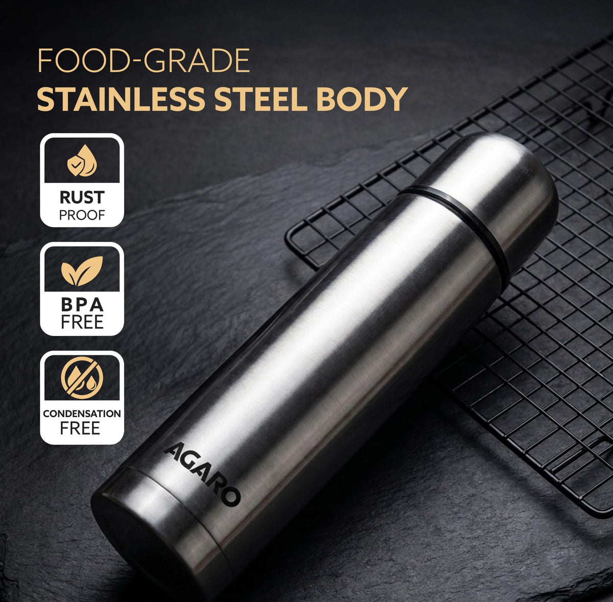 Delite Stainless Steel Flask with Bag, 500ml, Up to 24 Hrs Hot & Cold, ISI Certified, Triple Vacuum Insulated, Leak Proof, Flip Lid Closure, BPA & Rust Free, for Travel, Office & Outdoor Use