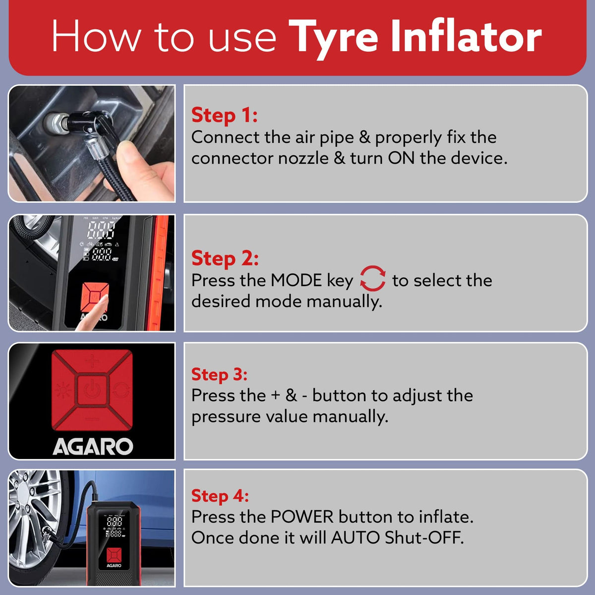 Regal Tyre inflator & Jump Starter, For Cars & Bikes, 12V, Upto 150 PSI, 10000 mAH Powerful Battery, LED Light, Digital Display, Multiple Nozzles