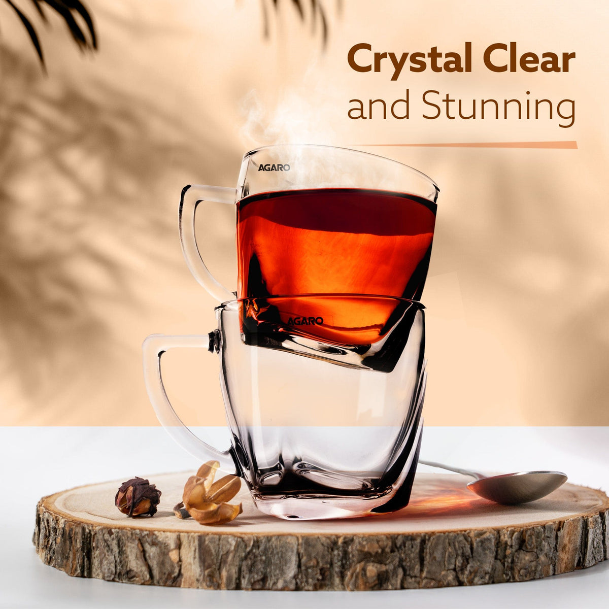 Elegant Glass Cup, 200ml, Set of 6, Crystal Clear Espresso Coffee Cup, Toughened Glass Wall with Handle, for Hot Cofee, Cappuccino, Milk, Latte, Green Tea & Black Tea