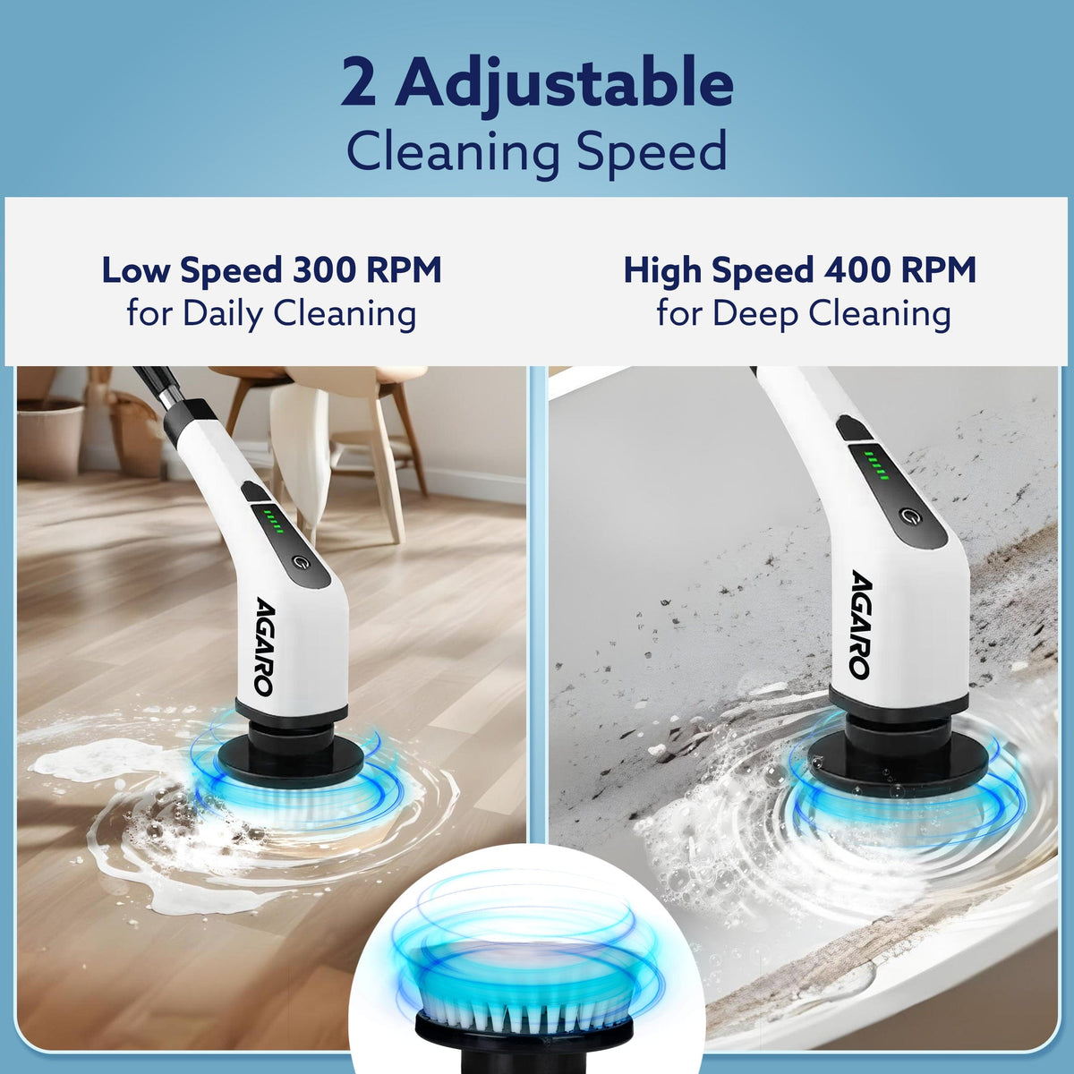 AGARO Royal Electric Spin Scrubber, Cleaning Brush Scrubber for Home, 300RPM/Min, 8 Replaceable Brush Heads, 90 Min Work Time, 3 Adjustable Size, 2 Adjustable Speeds, for Bathroom, Floor Tiles, White