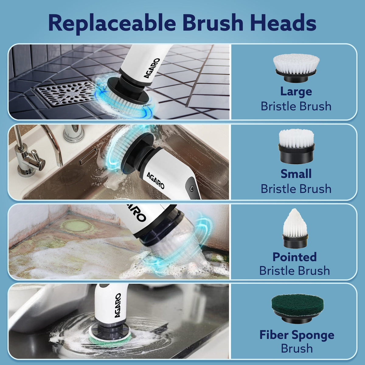 AGARO Royal Electric Spin Scrubber, Cleaning Brush Scrubber for Home, 300RPM/Min, 8 Replaceable Brush Heads, 90 Min Work Time, 3 Adjustable Size, 2 Adjustable Speeds, for Bathroom, Floor Tiles, White