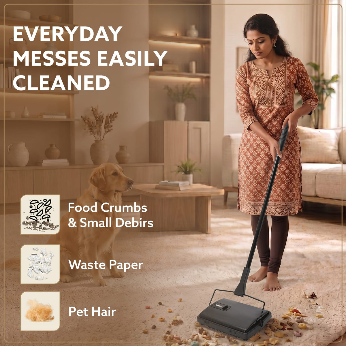 Delite Manual Carpet Cleaner for Pet Hair Rugs Mattresses – No Batteries, Push & Pull, Tangle-Free Brush, Easy-Dump Dustbin (Not for Hard Floors)