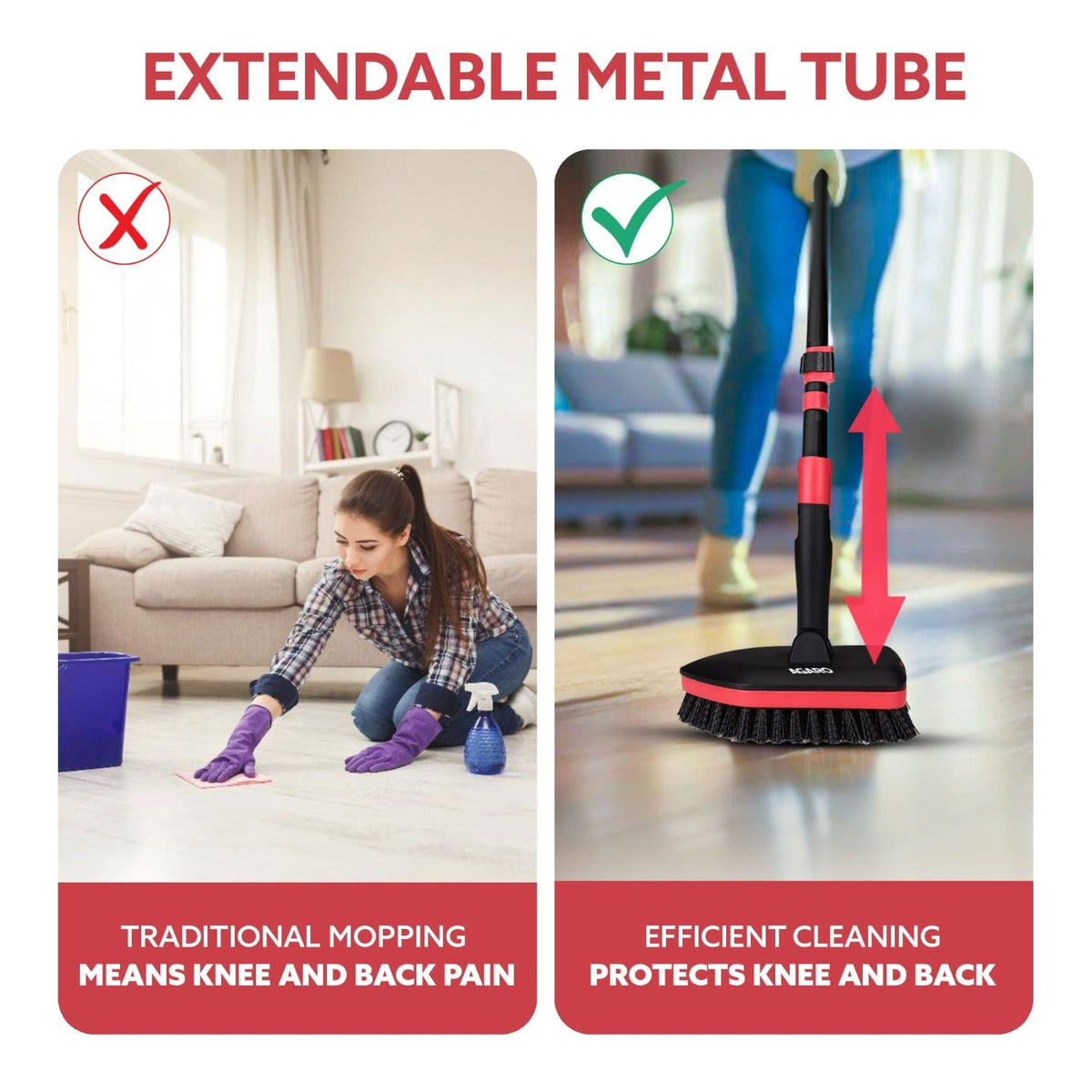 Elite Cleaning Mop & Brush Set,  Bathroom Cleaning Brush with Long Handle, Hard Brush Microfiber Pad & Scrubber Combo For Tiles, Kitchen, Toilet, Window Glass, Extendable Pole, Detachable Head, Black & Red